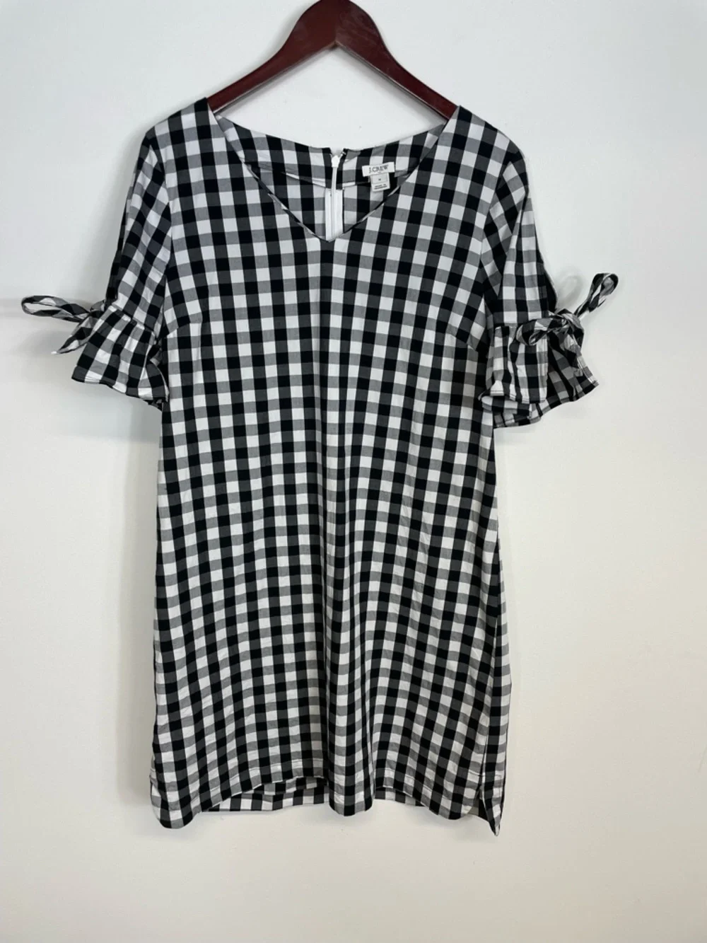 J. Crew Black and White Gingham Shift Dress w/ Tie Sleeves Size Medium